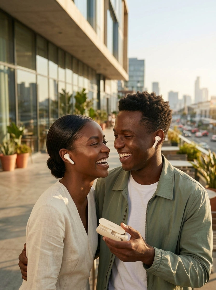 Un homme et une femme portant chacun un ecouteur, souriants en exterieur
