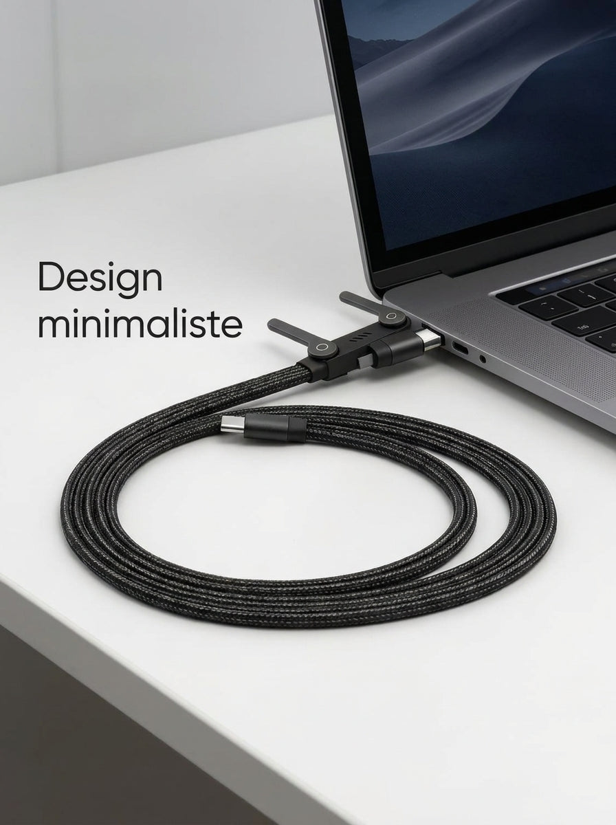 Cable de charge design minimaliste, tresse, pose pres d'un ordinateur portable