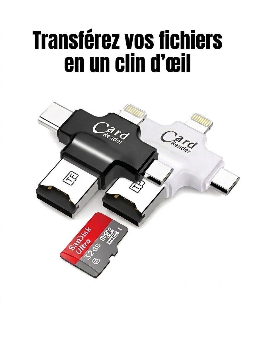 Lecteur de carte 4-en-1 avec carte microSD, transfert de fichiers